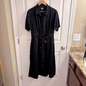 Lands' End Black Tencel Midi Shirt Dress with Button Detail XL